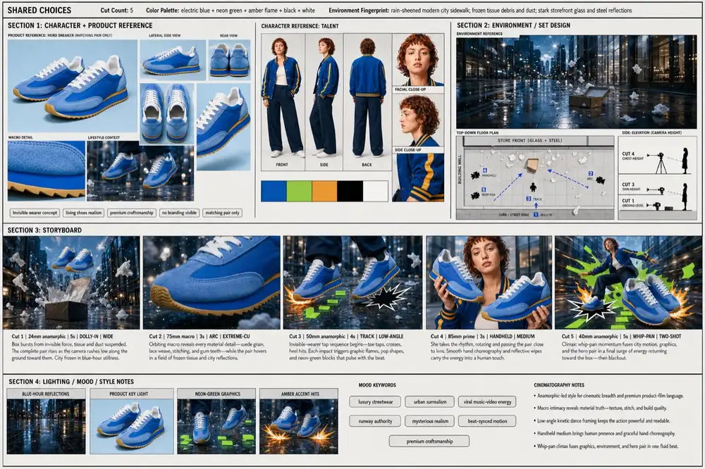 Shot Plan covering character, environment, storyboard cuts, and lighting notes
